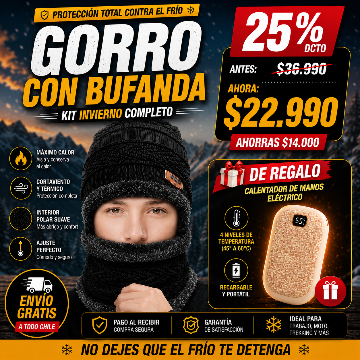 GORRO CON BUFANDA + Calentador de manos de REGALO - Unisex Invierno