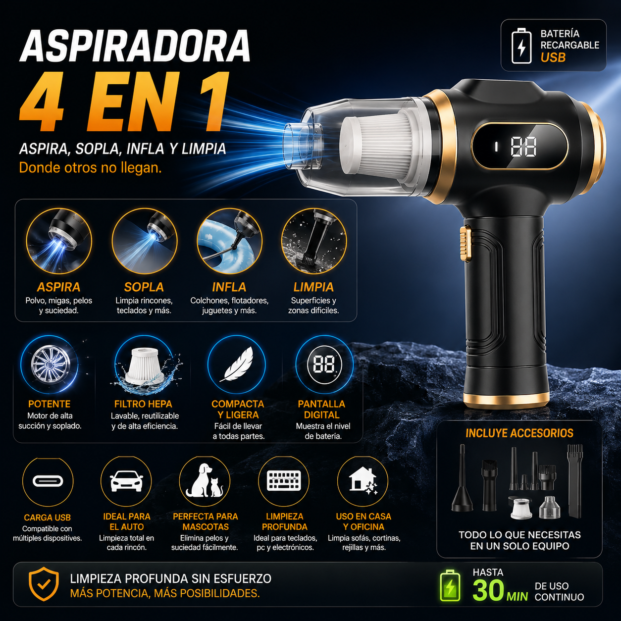Aspiradora Inalámbrica de Alta Potencia - Portátil Recargable